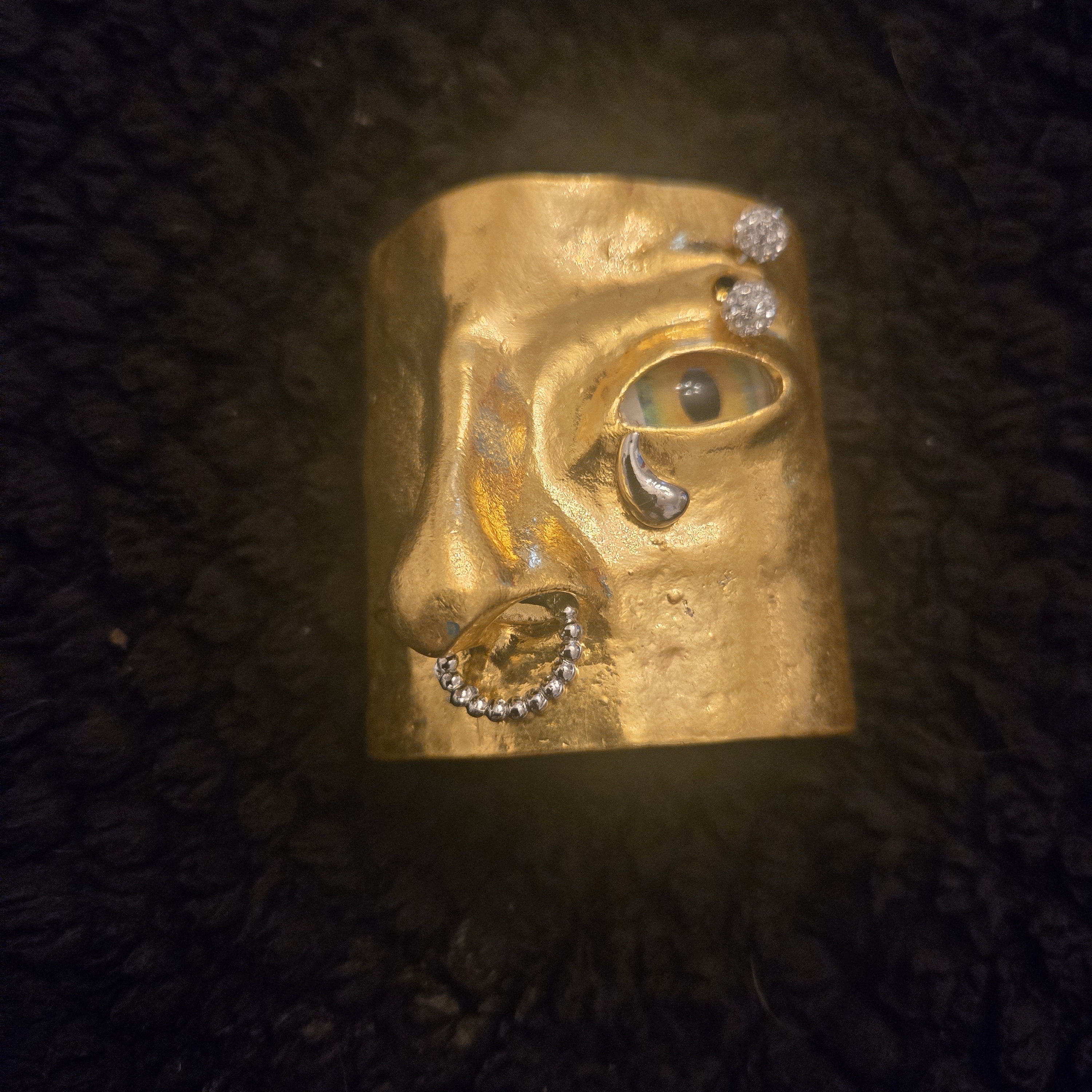 Schiaparelli Inspired Gold Face Cuff Bracelet With Crystal Accents
